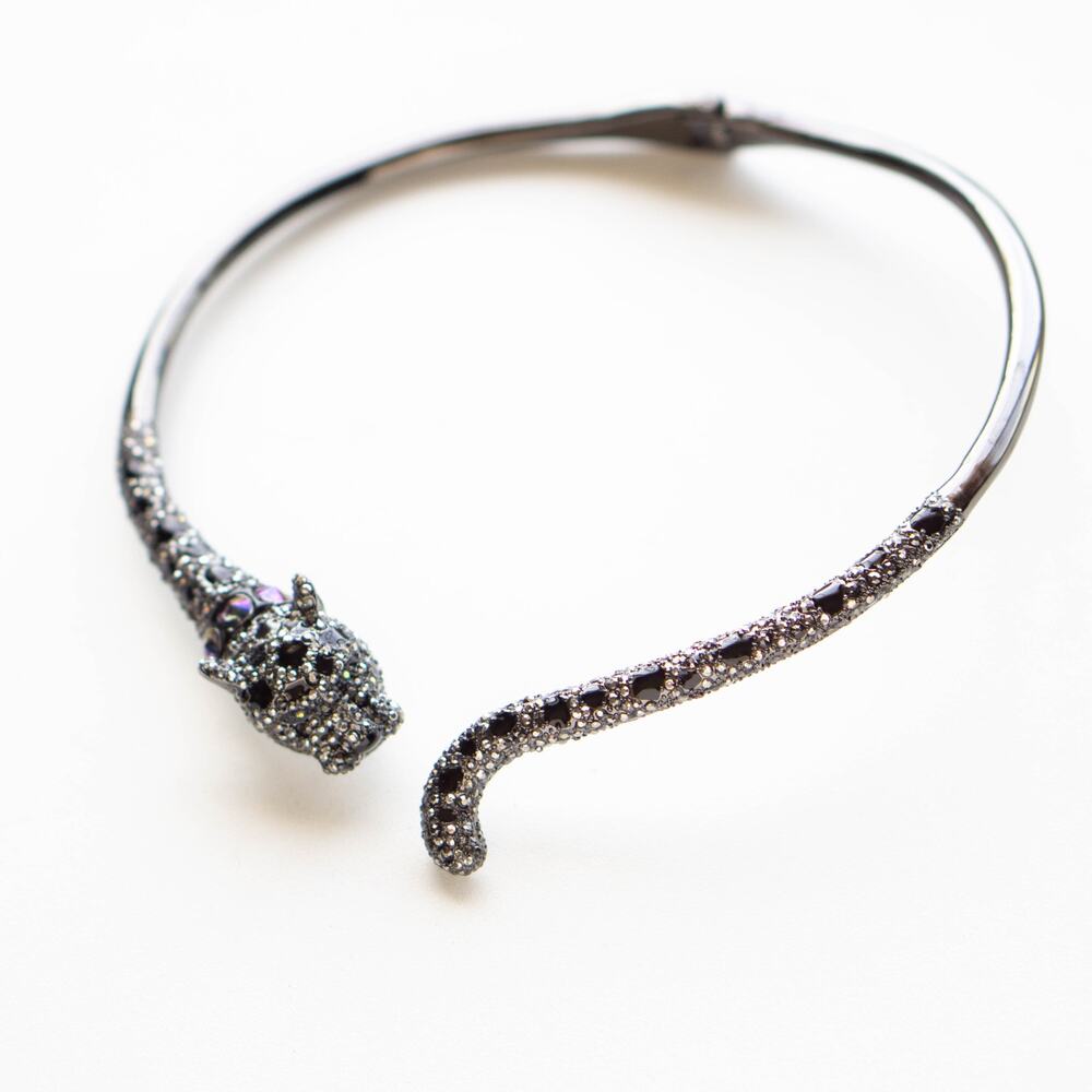 Betsey Johnson Hematite-Tone Gray Pave Jaguar Hinged Collar Necklace